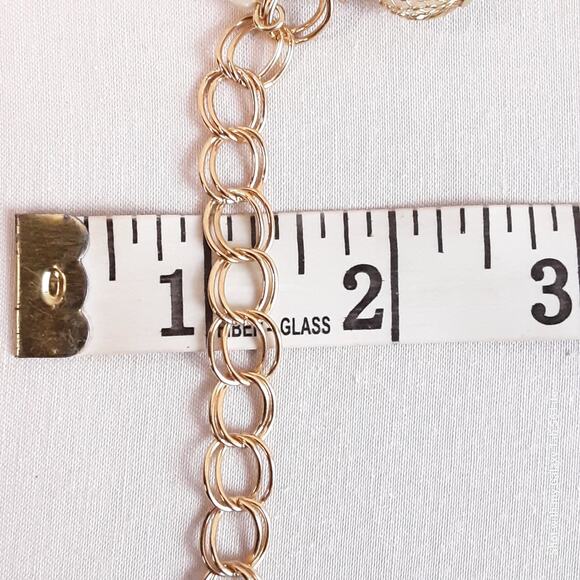 Statement Choker Necklace Gold Tone Double Chain Links Multi Size Pearly Beads - Picture 9 of 12